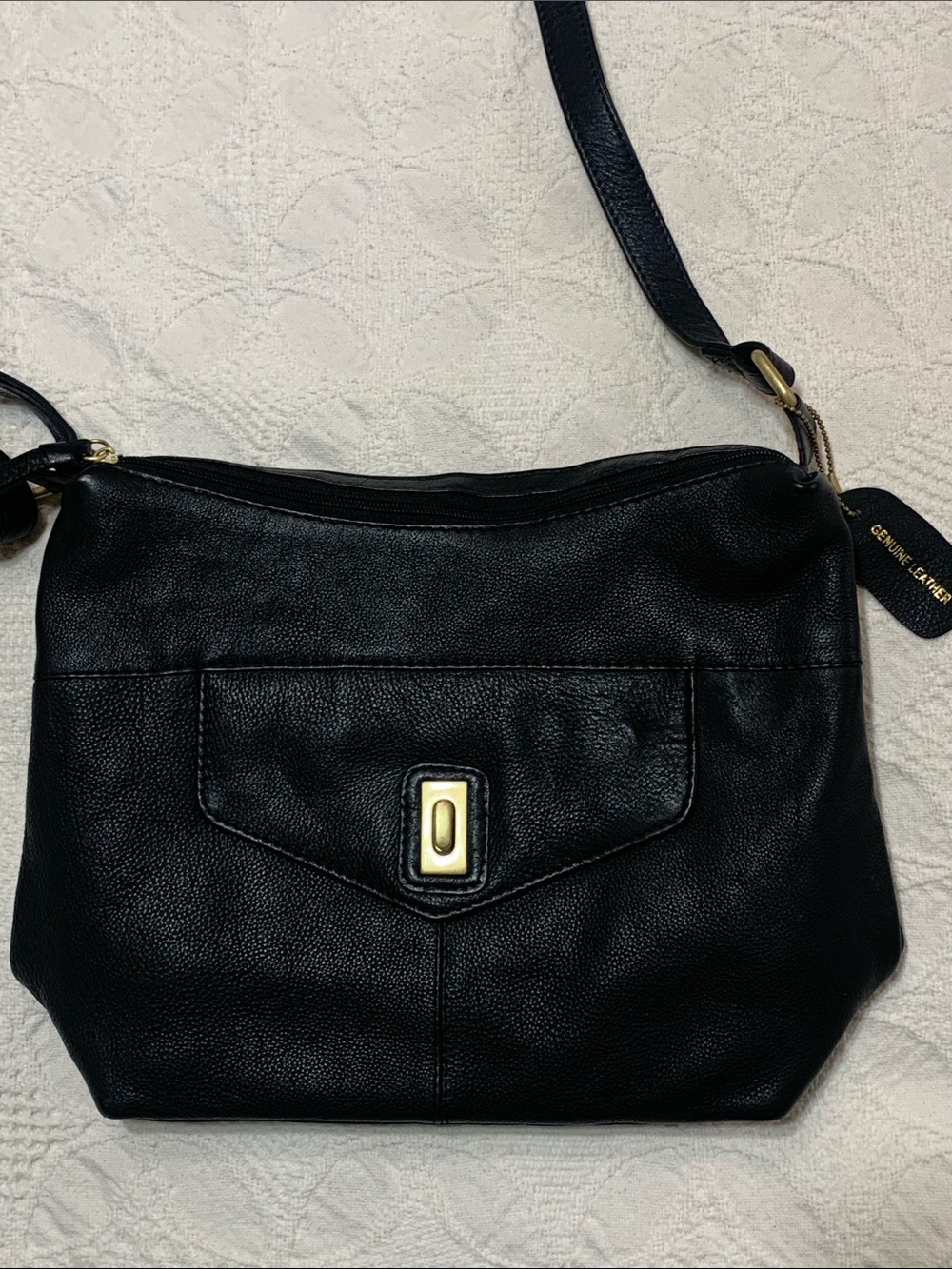 Black Leather Crossbody Bag with Gold Accent
